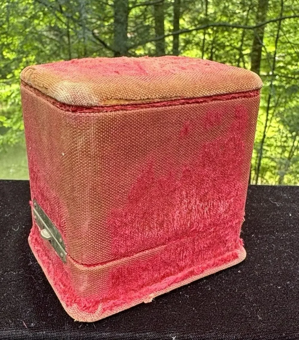 Antique Jewelry Box Red Velvet Interior & Exterior Metal Closures -A74